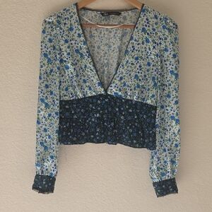 Zara Floral V-Neck Blouse - White and Blue